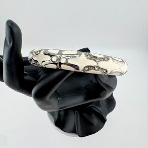 White Enamel Rhinestone Hinged Bangle Bracelet Silver Tone Modern Glam Statement
